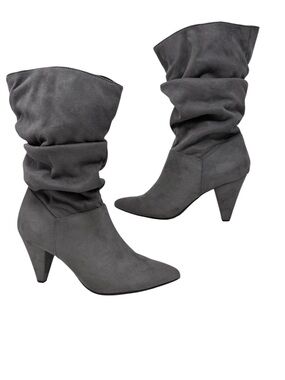 Christian Siriano Gray Faux Suede Pointed Toe Mid Heel Slouchy Boots Size 10